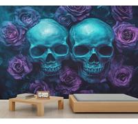 Skull Wall Mural, Purple Rose 3D Wallpaper, Terror Mural for Living Room Bedroom Study TV Background Decor - 250x175cm