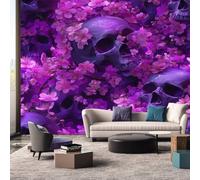 Skull Wallpaper, Cherry Floral Gothic Purple Mural Wallpaper, Skull Room Decor Wall Art for Living Room Bedroom Kitchen 130L x 80W cm
