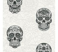 Skull Wallpaper Gothic Floral White Silver Black Textured Vinyl As Creation