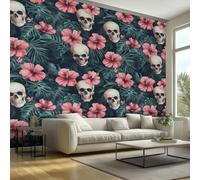 Skull Wallpaper & Wall Mural Self Adhesive, 150x105 cm - Hibiscus Palm Leaf Home Wall Decor for Bedroom, Living Room - SWJE2012