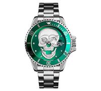 Skull Watches for Men 3D Skeleton Unidirectional Bezel 30M Waterproof Quartz Wristwatches, Green-Silver, Fashion