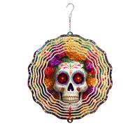 Skull Wind Spinner, Day of The Dead Mexican Art Flowers Colorful Patterns Halloween Colorful Metal Kinetic Wind Sculptures Outdoor Ornaments for Garden Yard Patio Lawn Party Decor 12 Inch