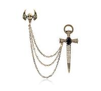 Skull Wings Lapel Pins Brooch for Women Unisex Retro Punk Gothic Skeleton Crystal Sword Collar Brooch Long Chain Tassel Shirt Collar Suit Vampire Badge Halloween Costume Party Jewelry Gifts (Gold)