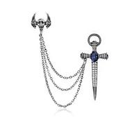 Skull Wings Lapel Pins Brooch for Women Unisex Retro Punk Gothic Skeleton Crystal Sword Collar Brooch Long Chain Tassel Shirt Collar Suit Vampire Badge Halloween Costume Party Jewelry Gifts (Silver)