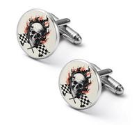 Skull with Flames Checkered Racing Flag Mens Classic Cufflinks Shirt Studs Accessories Gifts for Groom Husband Father