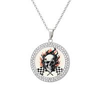 Skull with Flames Checkered Racing Flag Necklace For Women Charm Circle Pendant with Crystals Dainty Jewelry