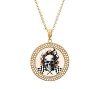Skull with Flames Checkered Racing Flag Necklace For Women Charm Circle Pendant with Crystals Dainty Jewelry