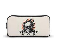 Skull with Flames Checkered Racing Flag Print Pencil Pouch Cute Pen Case with Zippered Aesthetic Makeup Bag