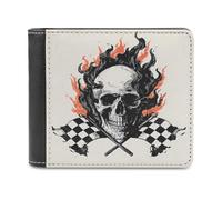 Skull with Flames Checkered Racing Flag Printed Bifold Wallet with Hidden Compartments Pocket Money and Credit Card Holder for Men Women