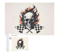 Skull with Flames Checkered Racing Flag Puzzles Customized Challenging Gifts for Adults 300/500/1000 Piece