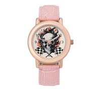 Skull with Flames Checkered Racing Flag Women's Wrist Watch Easy Reader with Leather Strap Analog Display Wonderful Ladies Gifts