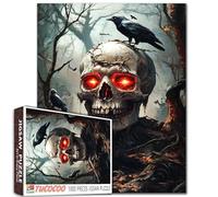 Skull with Glowing Red Eyes in Dark Forest 1000 Piece Jigsaw Puzzle for Adults Students Gothic Horror Day of The Dead Crow Puzzles 20×27 Inches Cool Terror Aesthetic Graphic Jigsaws Gift