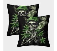 Skull with Hat-Cannabis Leaf Art Style Pillow Covers 2 Pack Cozy Pillowcase Art Cushion Case Polyester Decor Sofa for Living Room Bedroom 45x45cm
