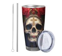 skull with lid tumbler Set Of 1 Faith Christ Garland Cross Rose Flower Leaves Necklace Cloth red white Stainless Metal No Spill Shatterproof Yard Outdoor Picnic gym with straw Cold Drinks 20 Ounce