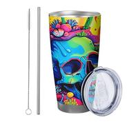 skull with lid tumbler Set Of 1 Mushroom Hippie Cranium Dazzling Colors Cactus Bohemian Moon blue green Insulated Can Cooler No Spill Insulated School college nursery Stemless Double Wall 20 Ounce
