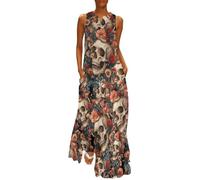 Skull with Mushrooms Flowers Women's Sleeveless Maxi Dresses Floral Hem Loose Sundress Fashion Simple Dress with Pockets 3XL