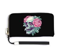 Skull with Peonies Cute Coin Purse Leather Small Change Purse Zipper Travel Wallet Holder with Hand Strap