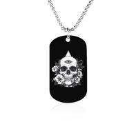Skull with Third Eye And Flower Dog Tag Necklace Stainless Steel Plated Pendant Memorial Jewelry Gift for Men Women
