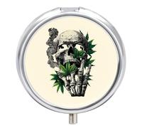 Skull with Weed Small Pill Organizer with 3 Compartments Travel Medicine Case Portable Round Vitamin Storage Box