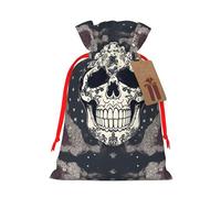 Skull Yoga And Flower Print Christmas Drawstring Present Bag, Reusable Holiday Goodie Bag For Presents