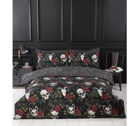 Rapport Home Skulls & Roses Duvet Cover Set, Reversible - King, for Adults | Includes 2 pillowcases. Gothic black floral skull print. Soft easy-care polyester, for adults and teens.