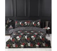 Rapport Home Skulls & Roses Duvet Cover Set, Reversible - King, for Adults | Includes 2 pillowcases. Gothic black floral skull print. Soft easy-care polyester, for adults and teens.