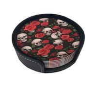Skulls And Roses Round Leather Coasters (6 Pieces) - Drink Coaster Set For Desk, Modern Easy To Clean Home Office & Farmhouse Coasters