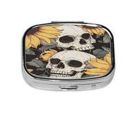 Skulls and Sunflowers Pattern Pill Case Pill Box Travel Pill Organizer Small Square Medicine Box for Purse & Pocket Gifts