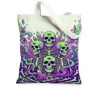 Skulls Canvas Tote Bag, Gothic Psychedelic Crystals Smoke Halloween Green Small Tote Bags 13x15 Inch, Green, 13x15 Inch
