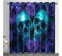 Skulls Curtains for Bedroom, Goth Rose Light Filtering Curtains Horror Skeleton Kitchen Window Curtain for Beauty Salon Spa Library, 46.1" x 90.2", 2 Panels