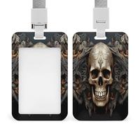 Skulls ID Badge Holder with Lanyard Vertical Plastic Card Case Protector Pouch with Clear Window Detachable Name Tag Clips for Nurse Doctor Teacher Office Use
