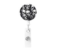 Skulls Pattern Badge Reel Retractable Badge Holder with Keychain Id Clips for Badges Lightweight Plastic Name Card Holders for Nurses Office Teacher