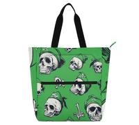Skulls Pirate Scarlet Green Cute Book Tote Bag for Kids Students Adults, Gothic Lightweight Reusable Book Bag Grocery Bag with Zipper for School Work Travel Rainbow school supplies
