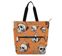Skulls Pirate Scarlet Orange Kids Tote Bag Piano Book Bag for Kids Women Men, Gothic Water-resistant Handbags Grocery Beach Bag with Zipper Pockets for School Shopping Beach Rainbow