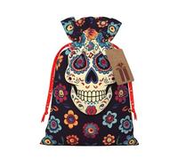 (skulls) Print Christmas New Year Candy Gift Bag, Red Xmas Ribbon Drawstring Bags for Kids Xmas Holiday Eve Presents S Size