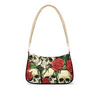 Skulls Red Roses Green Leaves Classic Purse Hobo Totes Women Designer Handbag Everyday Prints Shoulder Purses Zipper Closure