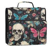 Skulls Retro Flowers Butterfly 1.5 Inch 3 Rings Zippered Binder Bag with Shoulder Strap Waterproof Portable Home Travel Safe Storage Bag for Office School