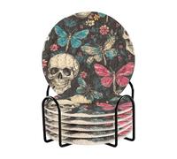 Skulls Retro Flowers Butterfly Aesthetic Coasters for Desk Set of 6 with Holder Coasters for Coffee Table Decor