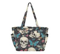 Skulls Retro Flowers Butterfly Utility Tote Bag Everyday Shoulder Bag for Travel & Everyday Commute with Cup Holder Bolsa Tote para Mujer