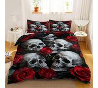 Skulls single duvet cover set, Skull Roses duvet cover - Soft Microfibre Polyester - Romantic Dark Bedding Quilt Set, Gothic Style 135 x 200 cm Cover with Pillow cases
