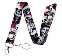 Skulls Skull Skeleton Skeletons Remains Bones Dead Grave Graveyard Cemetery Crypt Scary Halloween Red Rose Romance Love Forever Undead 17.7" Neck Lanyard Keychain Holder ID Badge Strap