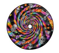 Skulls Tree Skirt, Halloween Fanciful Twisted Ribbons Colorful Spheres Halloween Black Velvet Tree Skirt Holiday Decorations for Home Church Indoor Outdoor Festival Party Decor 48 Inch
