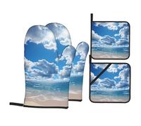 Sky and White Cloud Oven Mitts and Pot Holders Sets 4Pcs Heat Resistant Oven Gloves Potholders Set Extra Long Non-Slip Kitchen Gloves Hot Pads for Cooking Baking BBQ