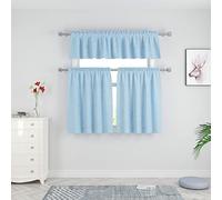 Sky Blue 3-Piece Tier Curtains and Valance Set for Kitchen Window Over Sink - Linen Textured, Caravan Style, Short Bathroom or Cafe Half Window Curtains - Basement Rod Pocket - 54"x18"/27"x24"