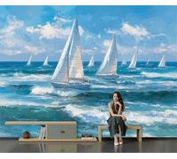 Sky Blue 3D Wall Mural Photo Wallpaper, Sea Sailing Boat Mural, Murals Wall Impressionist Style for Bedroom Living Room Dining Room Home Decoration 250×175 Cm (Wxh)