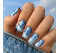 Sky Blue Acrylic Square Press On Nails With Marble Swirl & Gold Line - 24Pcs Durable False Nail Art Set Kit For Women, Glossy Tips With Accessory Tools For Easy Application