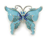 Sky Blue Enamel Crystal Butterfly Brooch In Rhodium Plating - 50mm W