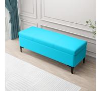 Sky Blue Faux Leather Ottoman Stool - Extra Long Upholstered Sto Footstool for Bedroom, Entryway & Living Room - Slish Home Accessory & Seating Solut