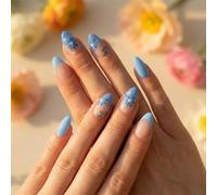 Sky Blue Floral Almond Press On Nails with Nude Blue Gradient - Long False Tips for Women, Spring Summer Manicure with Hand Painted Botanical Art and Glossy Gel Look, Easy Application Artificial Nails