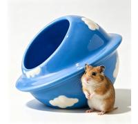 Sky Blue Flying Saucer Printed Ceramic Hamster Hideout, Summer Cooling Anti-Slip Pet Cave, All-Season Easy Clean Cage Decor, For Small Rodents